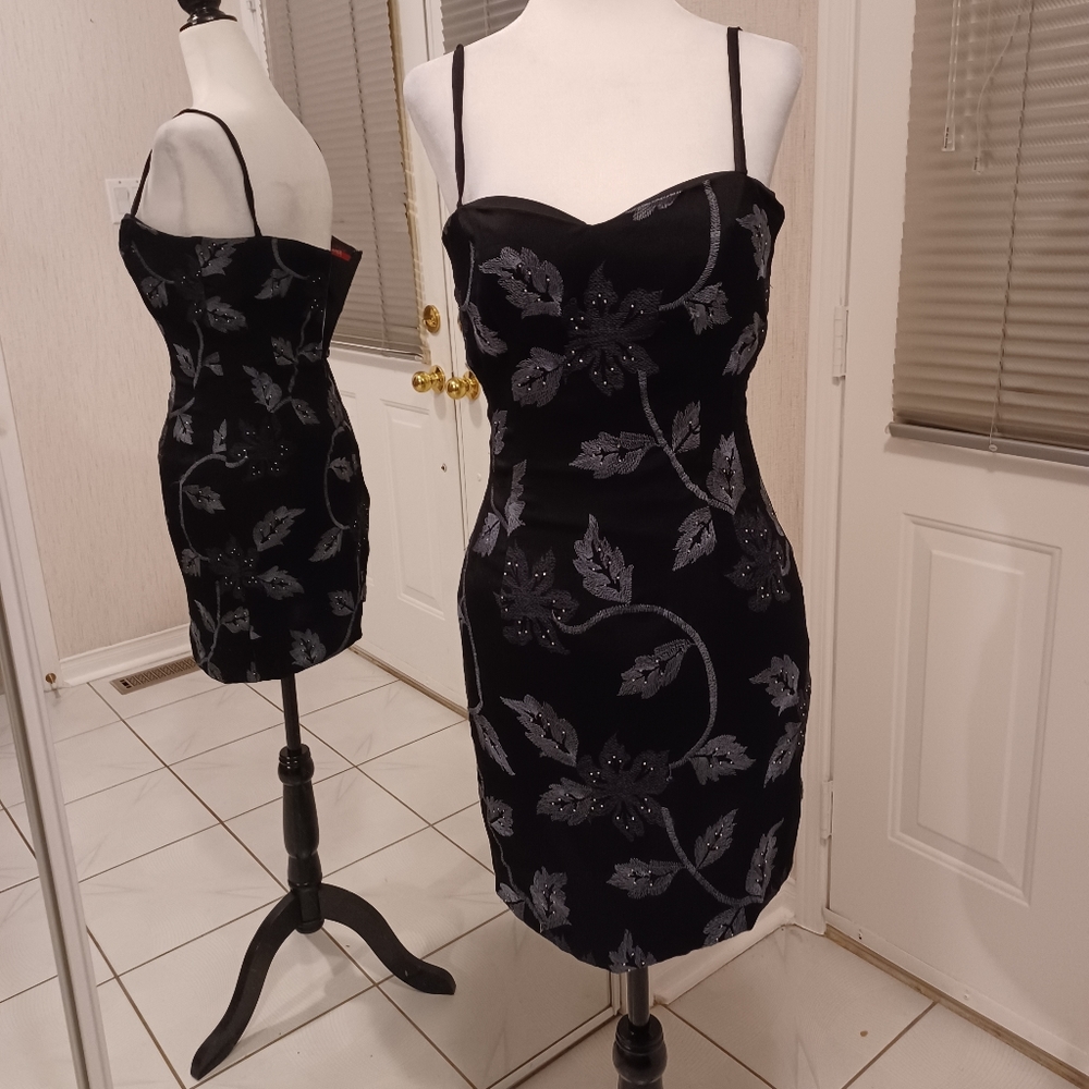 2/$50 Black Floral Rhinestone Dress - Size XS